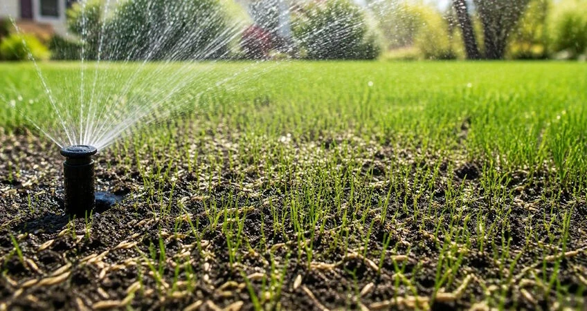 Sprinkler watering new grass seedlings germinating in a freshly seeded lawn
