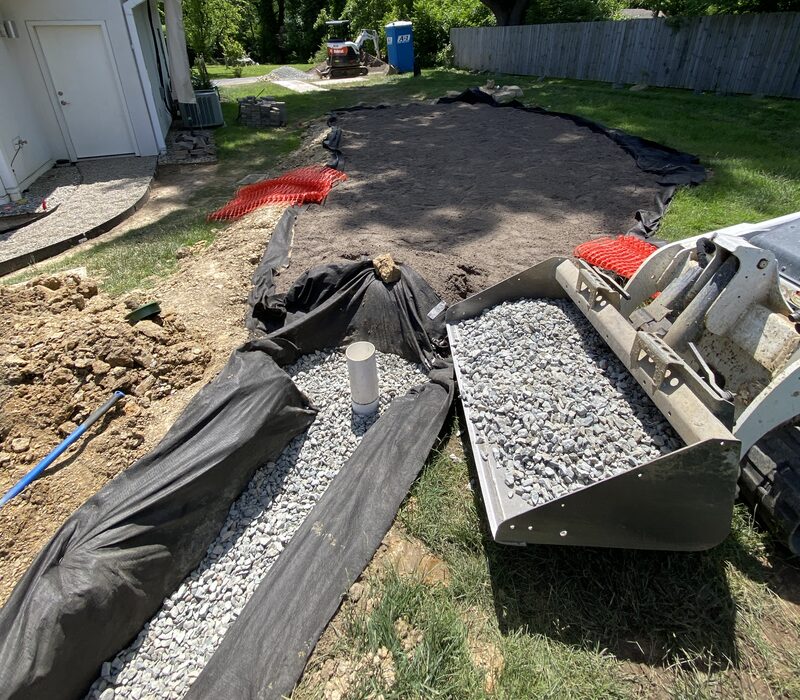 Drainage trench lined with geotextile fabric and drainage stone