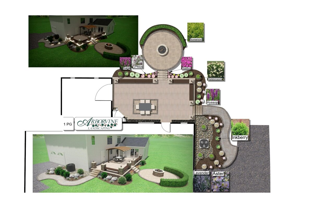 Arborvine 2D landscape design plan with 3D renderings and plant selections